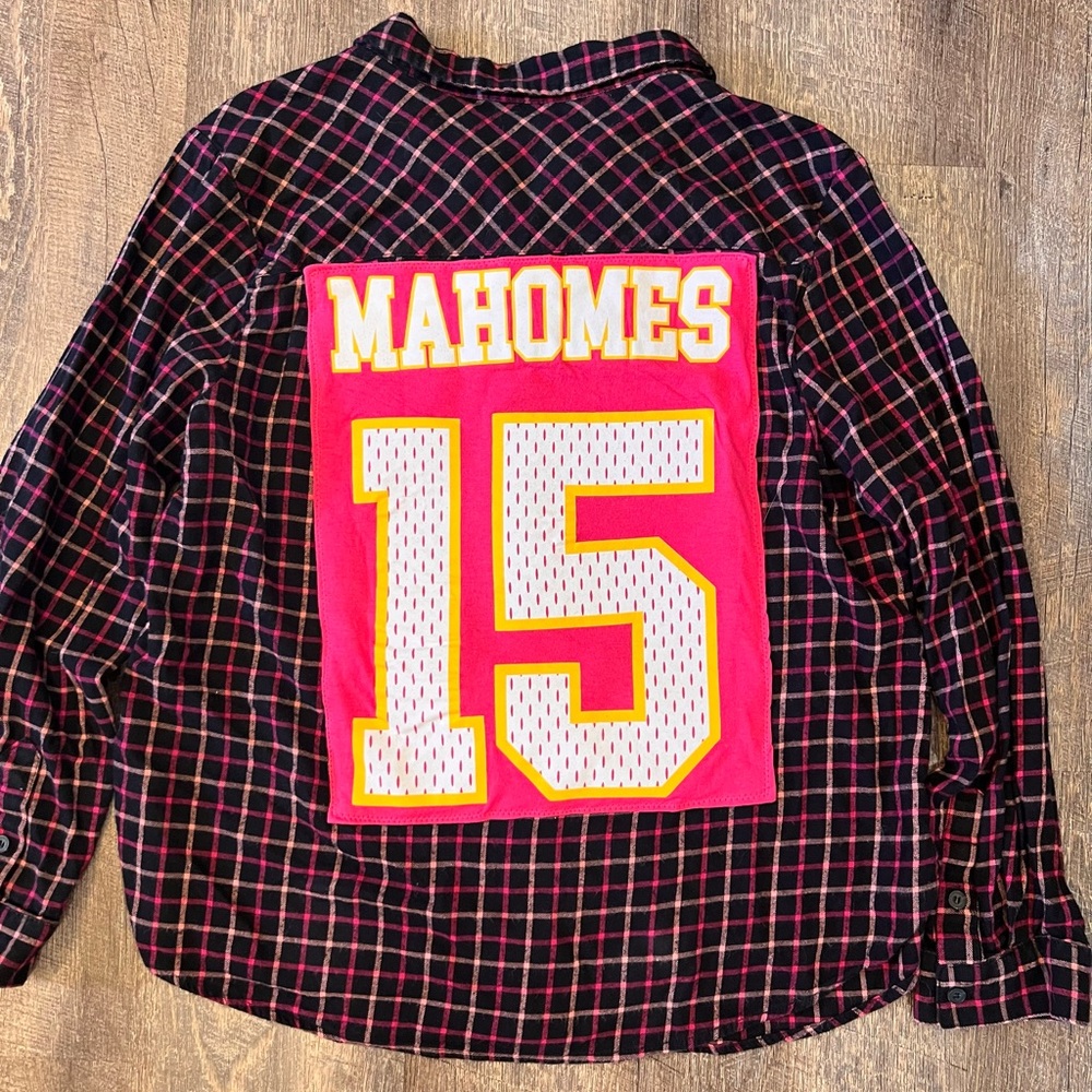 Upcycled Flannel Button Down with Mahomes 15 Jersey Style on Back.